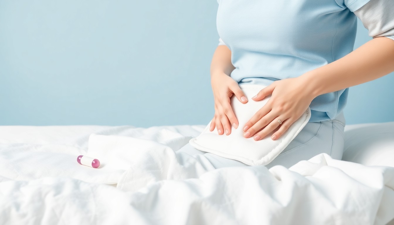 period pain home remedies - woman applying heat pad to abdomen cramp relief