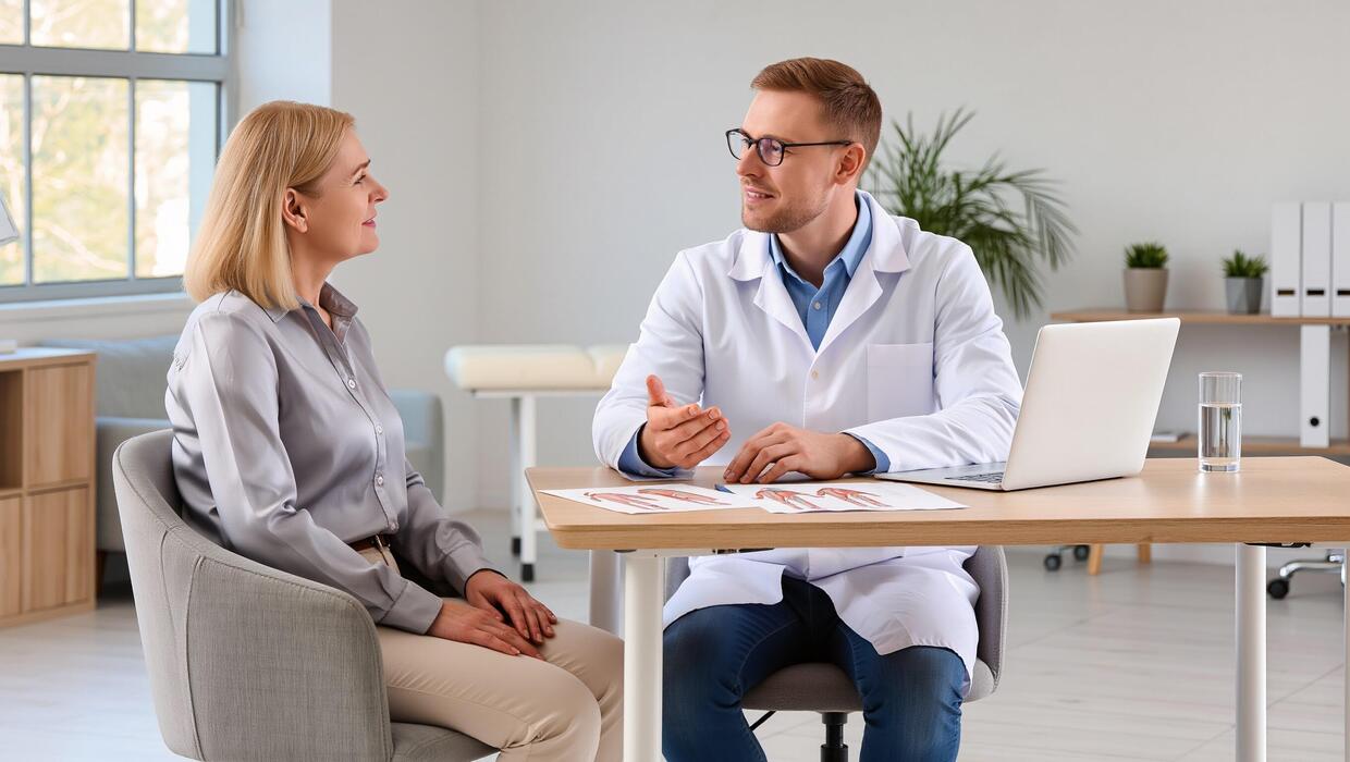 period pain home remedies - Male doctor in white coat discusses treatment options with female patient in modern medical office, laptop and medical charts on table, plants in background