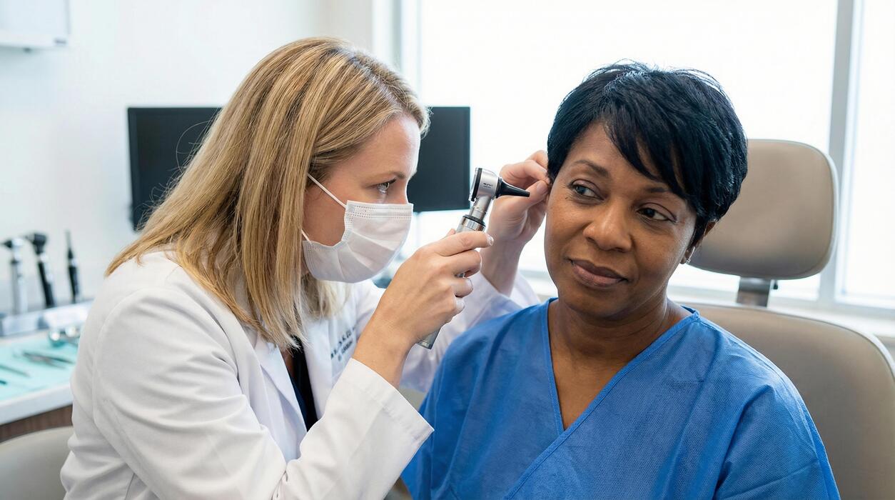 ear pain home remedies - Female doctor examining mature patient's ear with otoscope in clinic