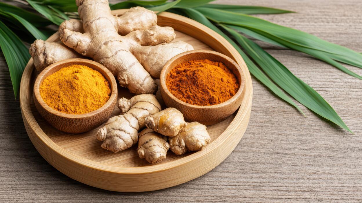 knee pain home remedies - Turmeric and ginger in wooden bowl on wooden table