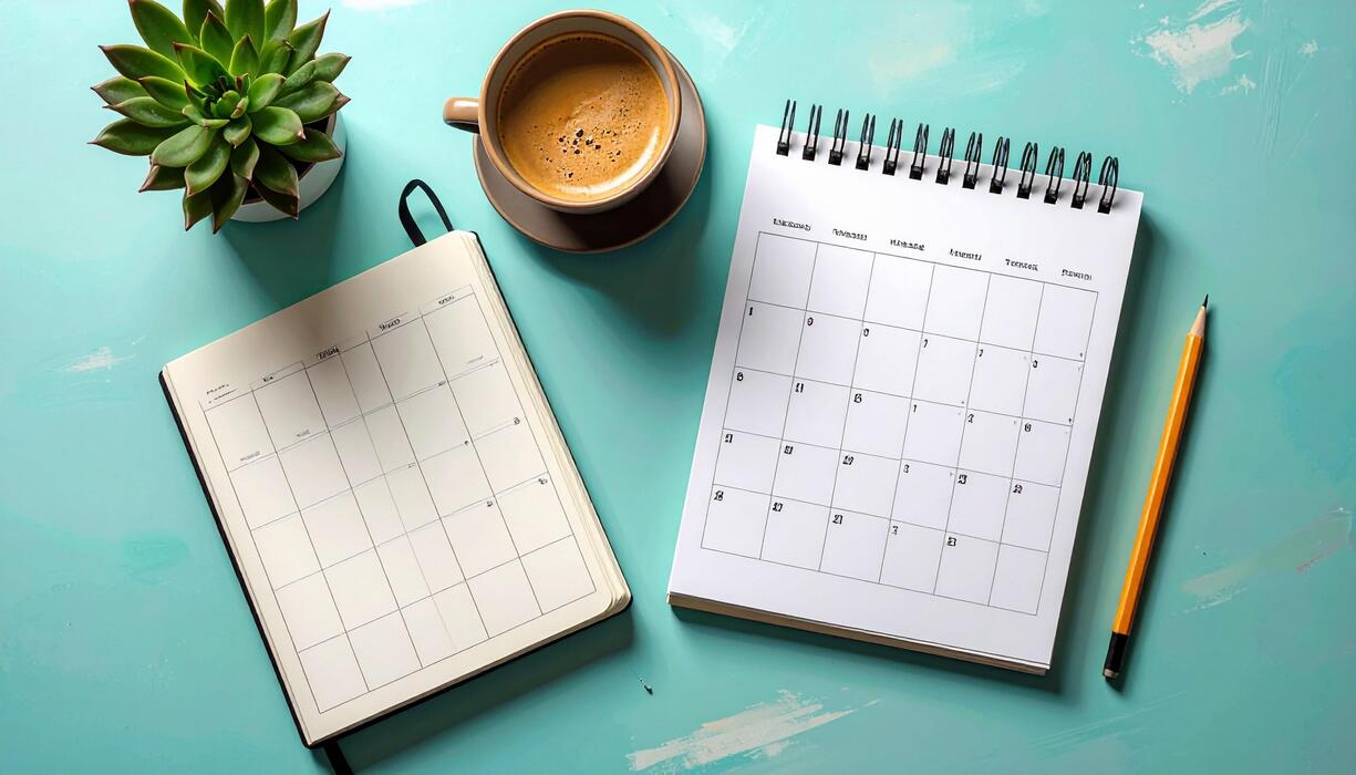 ADHD treatment for adults - Workspace Still Life Calendar Coffee Succulent and Planner on Teal Surface.