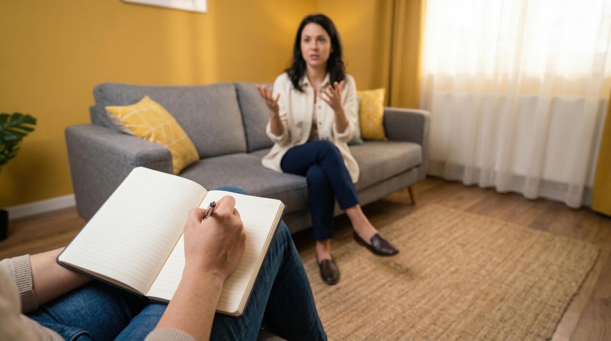 adhd treatment for children - A woman sitting on a couch with a notebook and a woman sitting on the couch with a notebook