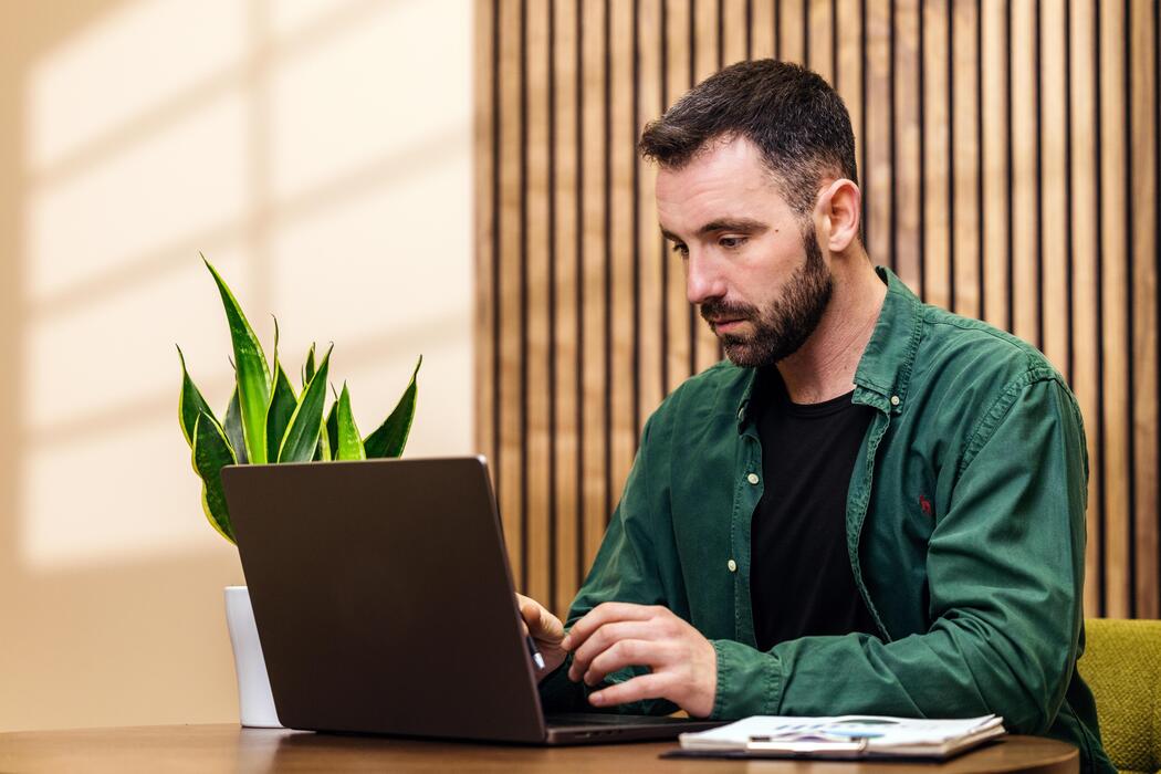 Viagra pills price - Male professional with beard working on laptop at wooden desk, indoor setting with green plant and wooden wall panels in the background