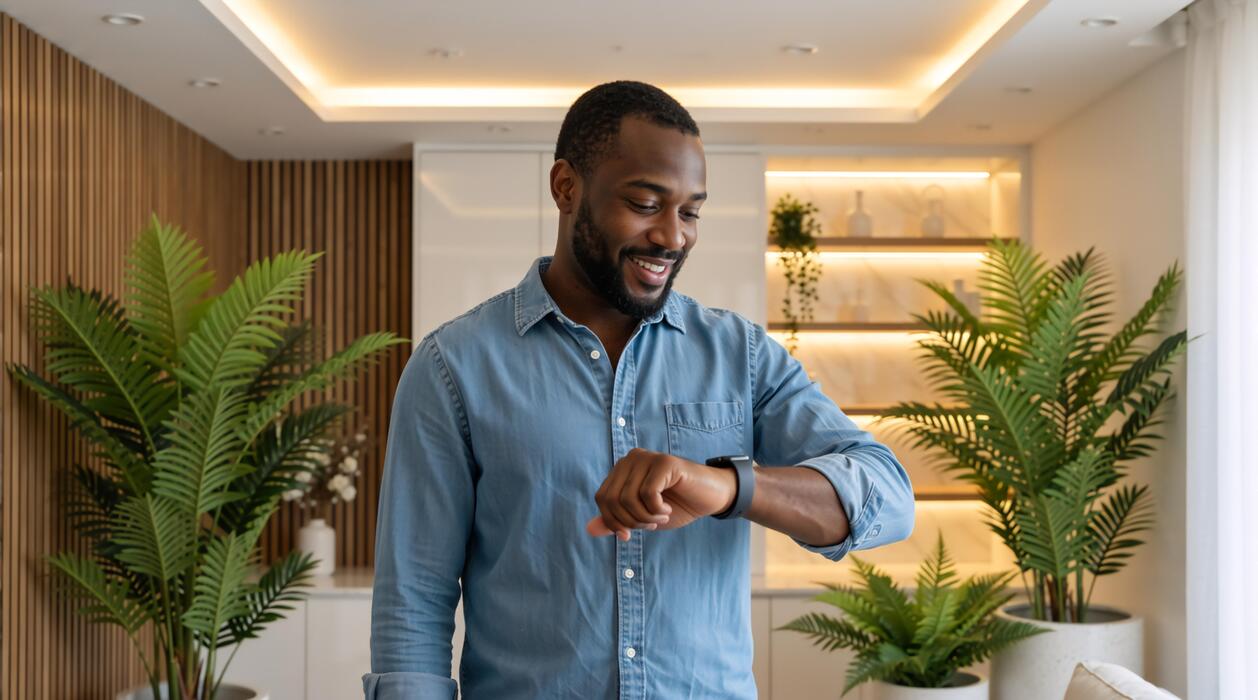 What does Viagra do to a man? - Happy African American man checking smartwatch in modern living room. Smiling male using wearable technology for smart home control