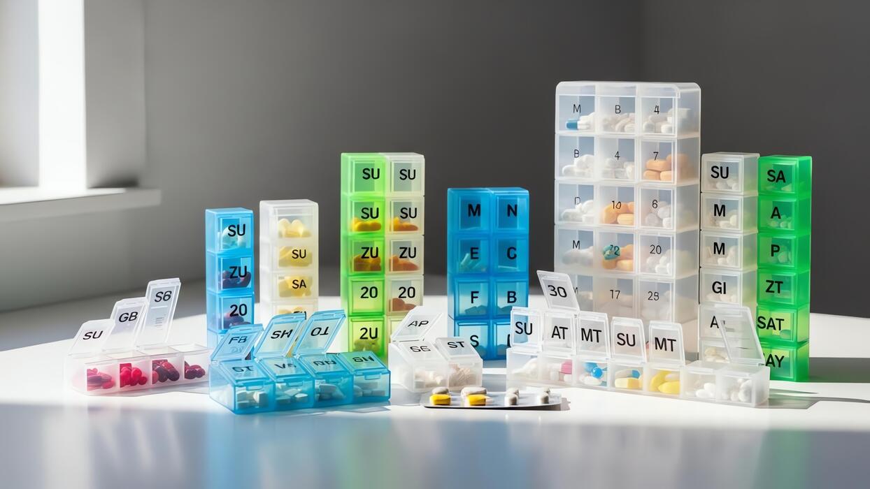 Can I buy Viagra over the counter? - Collection of colorful pill organizers and blister packs on a white surface.