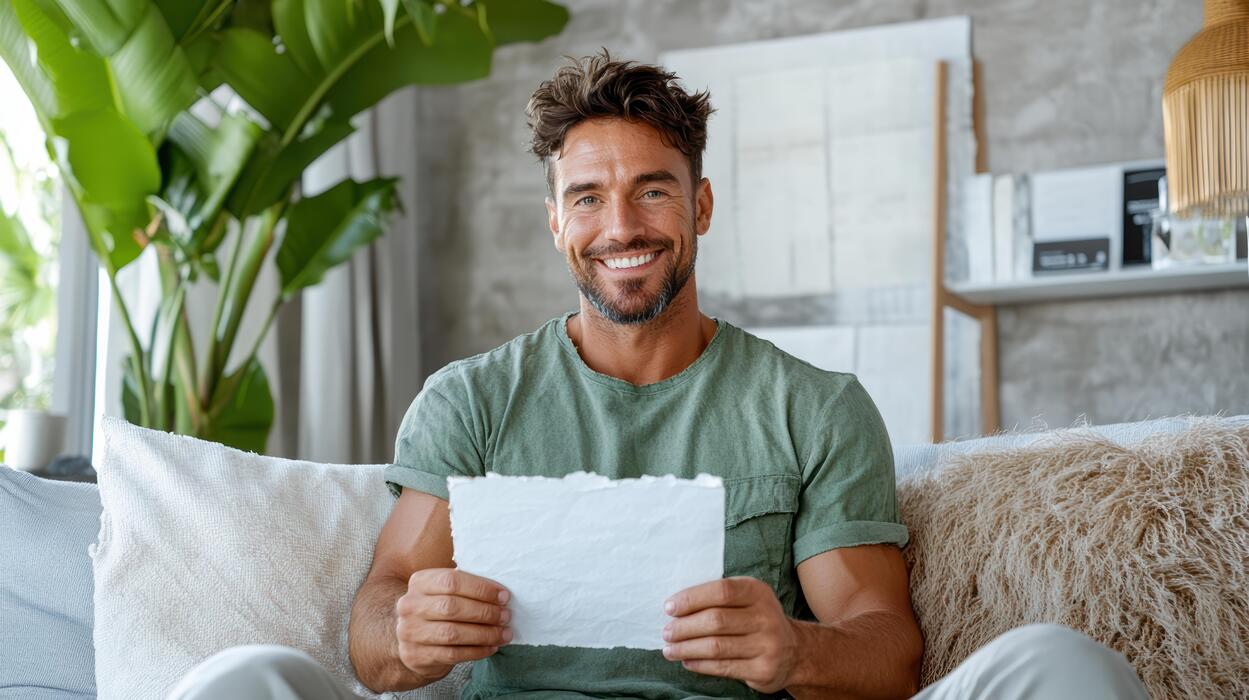 Viagra Connect - A man is sitting on a couch and holding a piece of paper