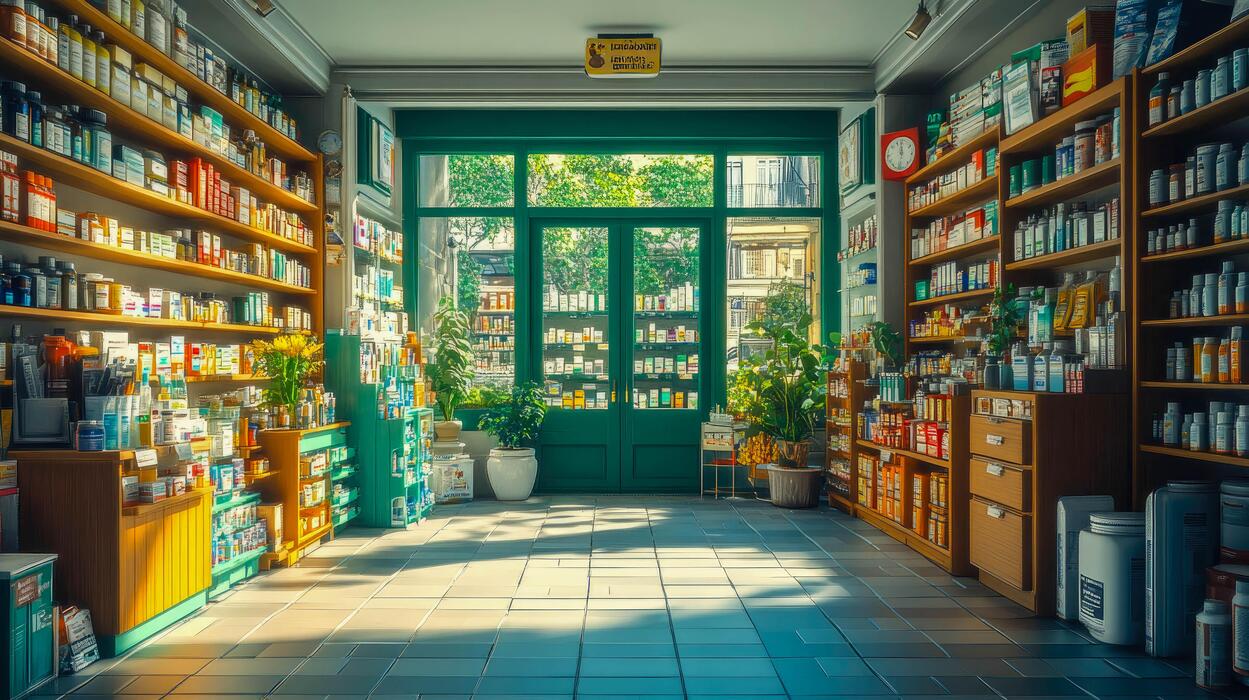 Viagra Connect - Pharmacy store with shelves filled with various items