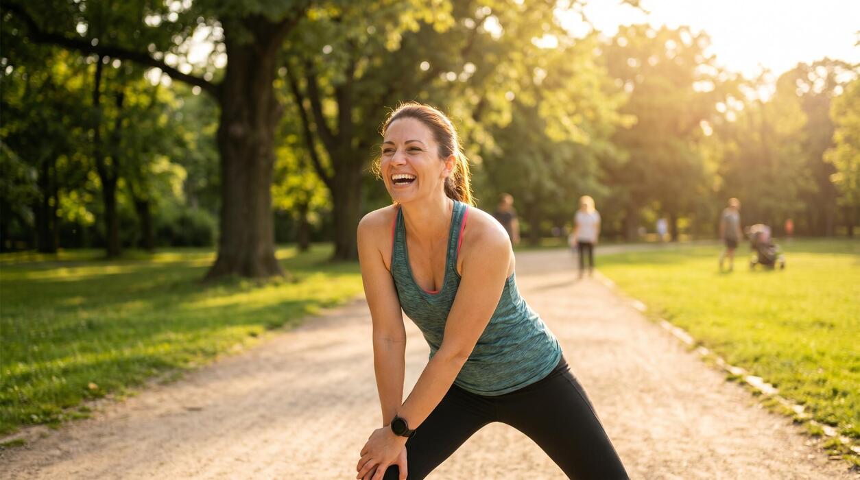 How to reduce anxiety immediately - A woman stretches on a park path, smiling during a morning jog.