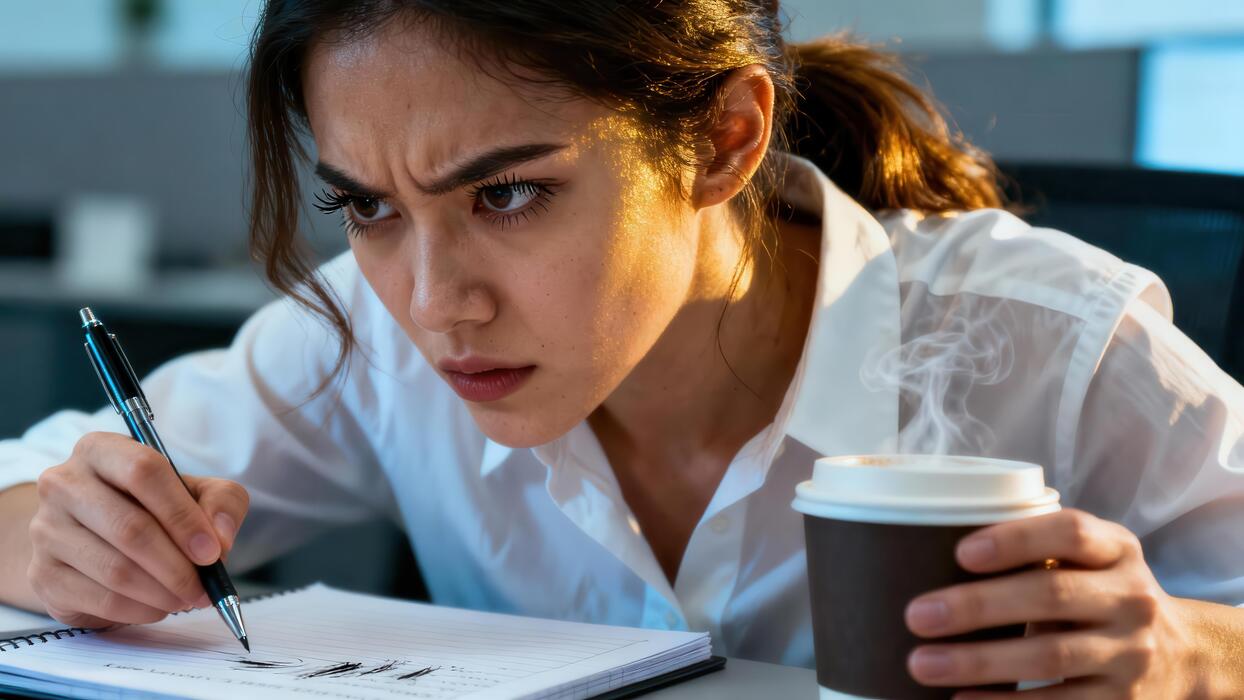 How to reduce anxiety immediately - Focused professional intently scrutinizes notes while holding a steaming beverage in an office environment