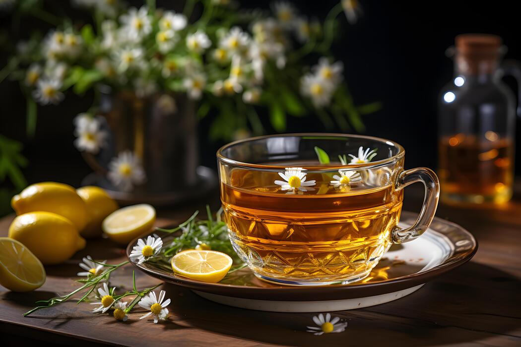 What to drink to fall asleep fast - Cup of aromatic chamomile tea with fresh flowers and lemon slices on the table. Organic and natural, herbal hot healthy beverage. AI Generative