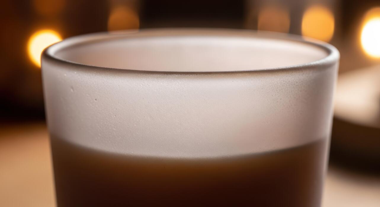 What to drink to fall asleep fast - Frosted Glass of Rich Coffee with Warm Bokeh Lights, Cozy Evening Ambiance.