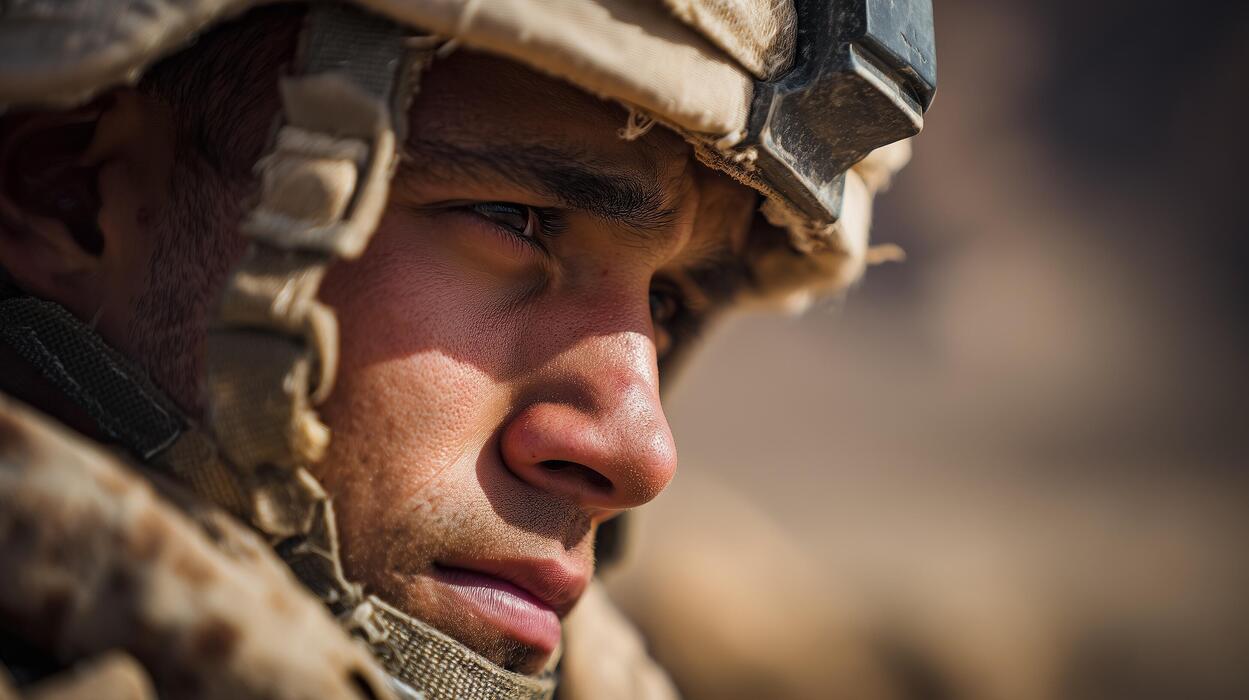 How to fall asleep in 10 seconds - Soldier in military gear looks into distance during a training exercise in rugged terrain under clear sky