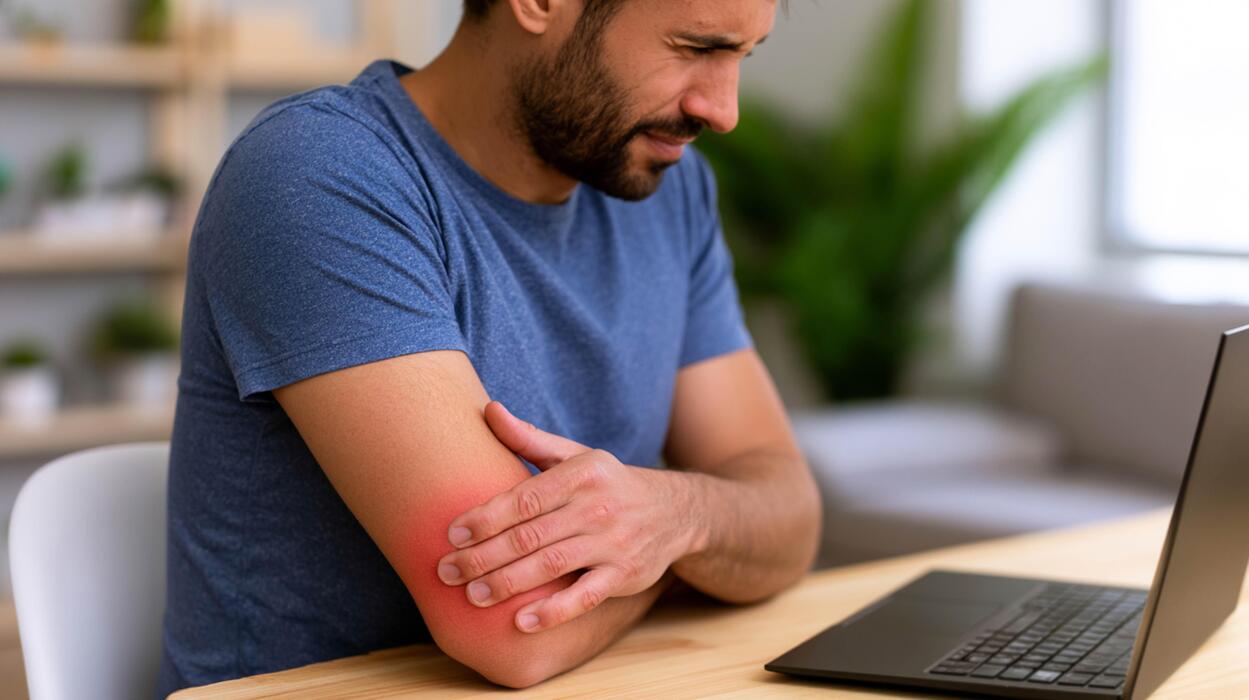 What are 5 symptoms of shingles? - Remote Worker Holding Painful Elbow While Typing on Laptop with Red Highlighted Pain Area