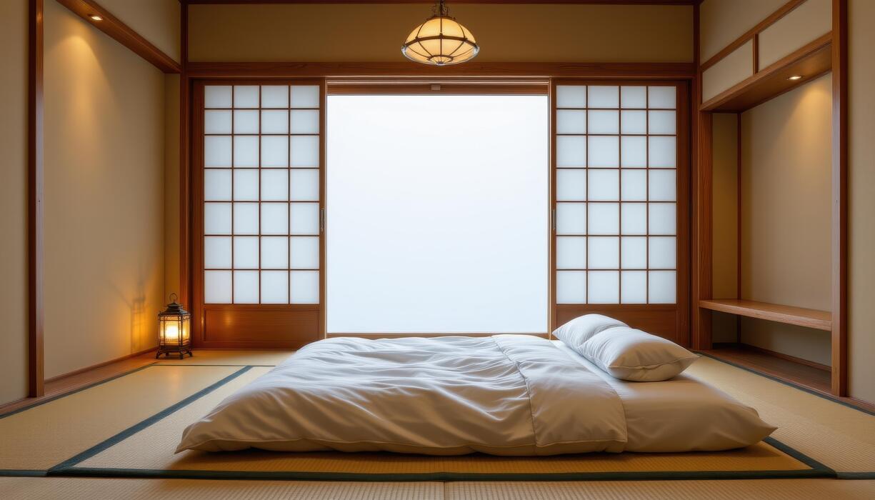 how to fall asleep faster with insomnia - japanese tatami room, futon folded neatly, sliding shoji doors, lantern glow, pure simplicity.