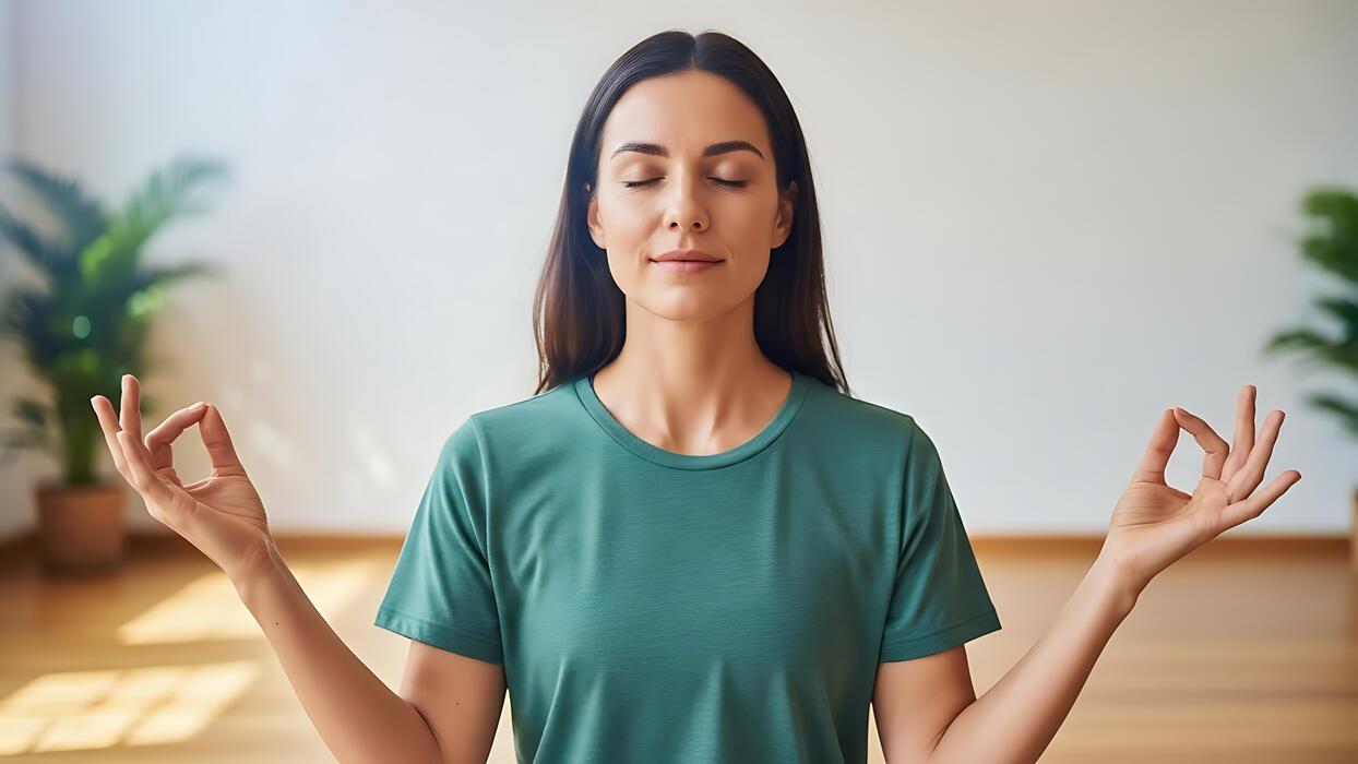 how to fall asleep faster naturally - Mindfulness Practice, Woman Meditating, Indoor Yoga Studio, Photo, Calm Environment, Close-Up Perspective