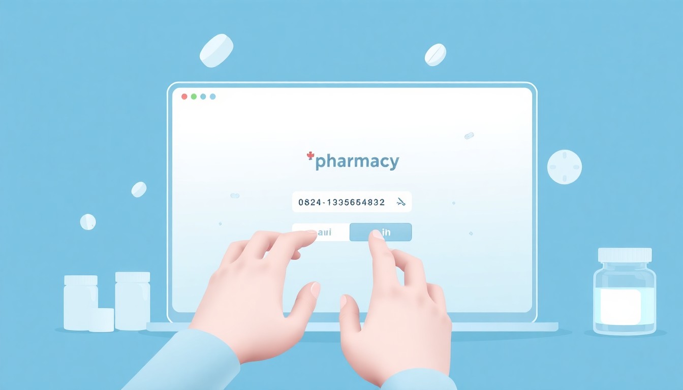 Online pharmacy Login - person typing password into pharmacy website login page