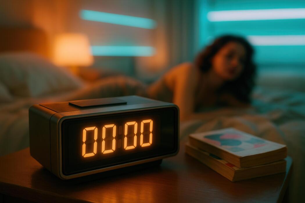 how to fall asleep faster and stay asleep longer - Digital Alarm Clock Showing Midnight In Moody Bedroom Interior