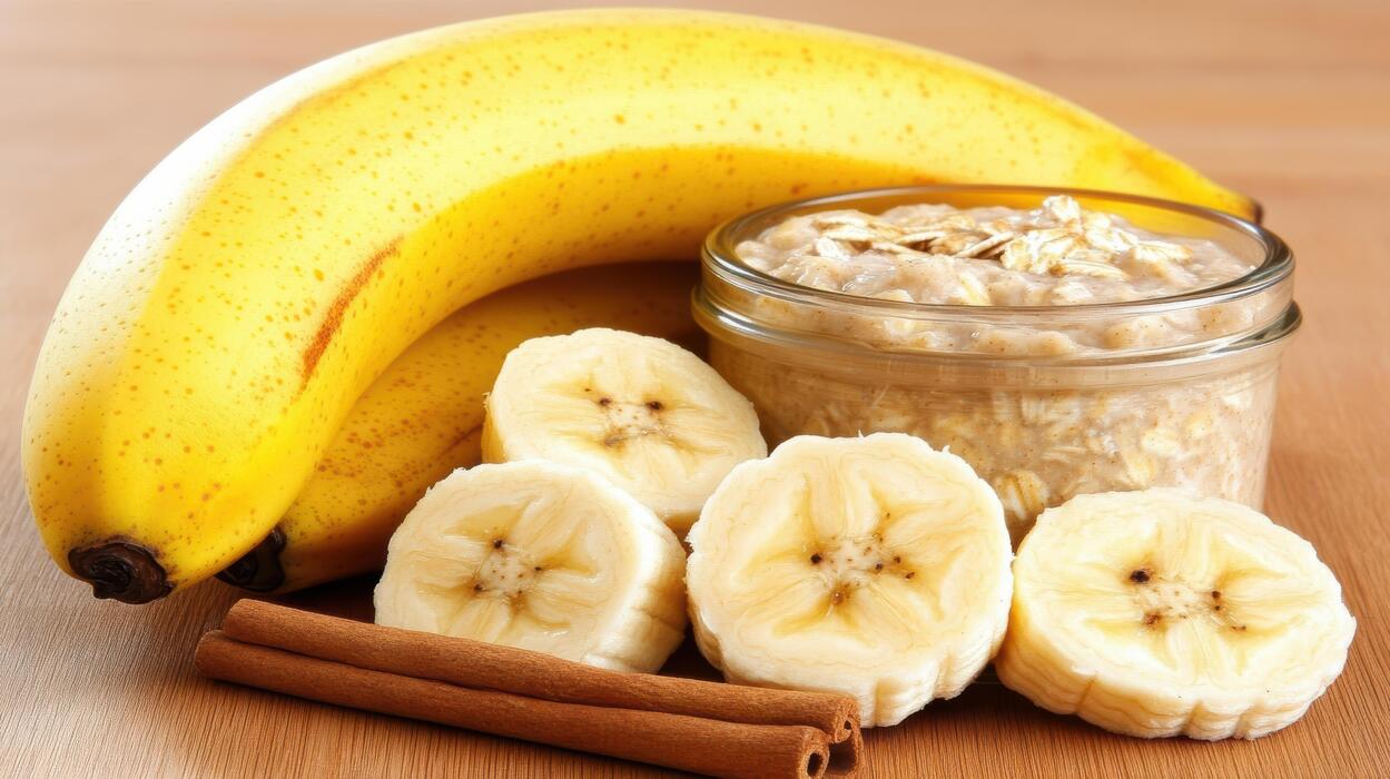 how to fall asleep faster and stay asleep longer - Creamy overnight oats with banana slices and cinnamon sticks in jar