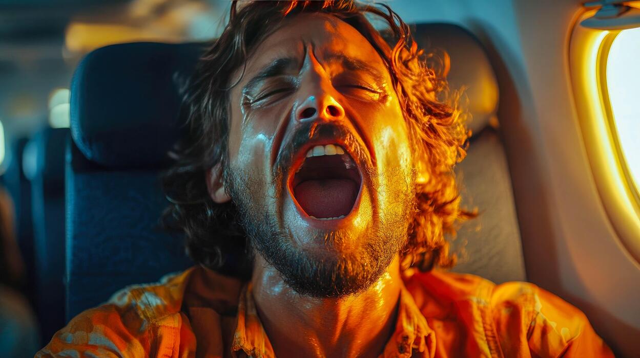 how to fall asleep faster with adhd - A man yawning on an airplane