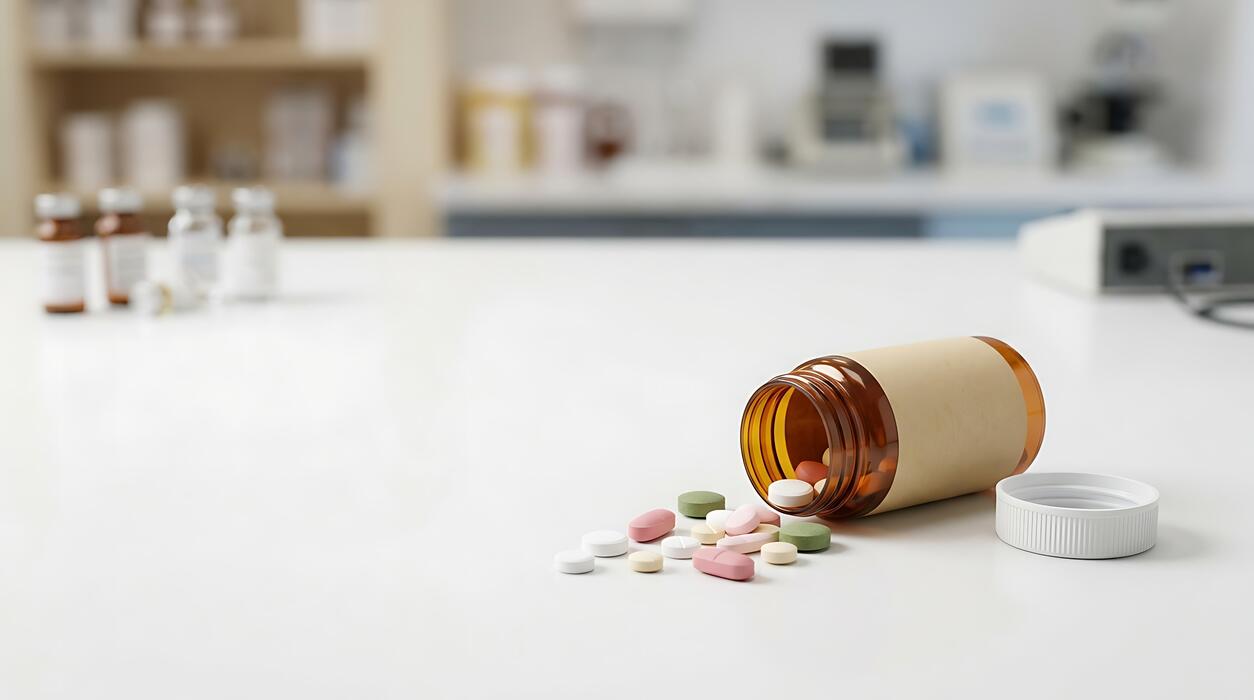 What are the top five sleeping pills? - Open Amber Prescription Bottle with Various Colorful Pills Spilled on White Countertop