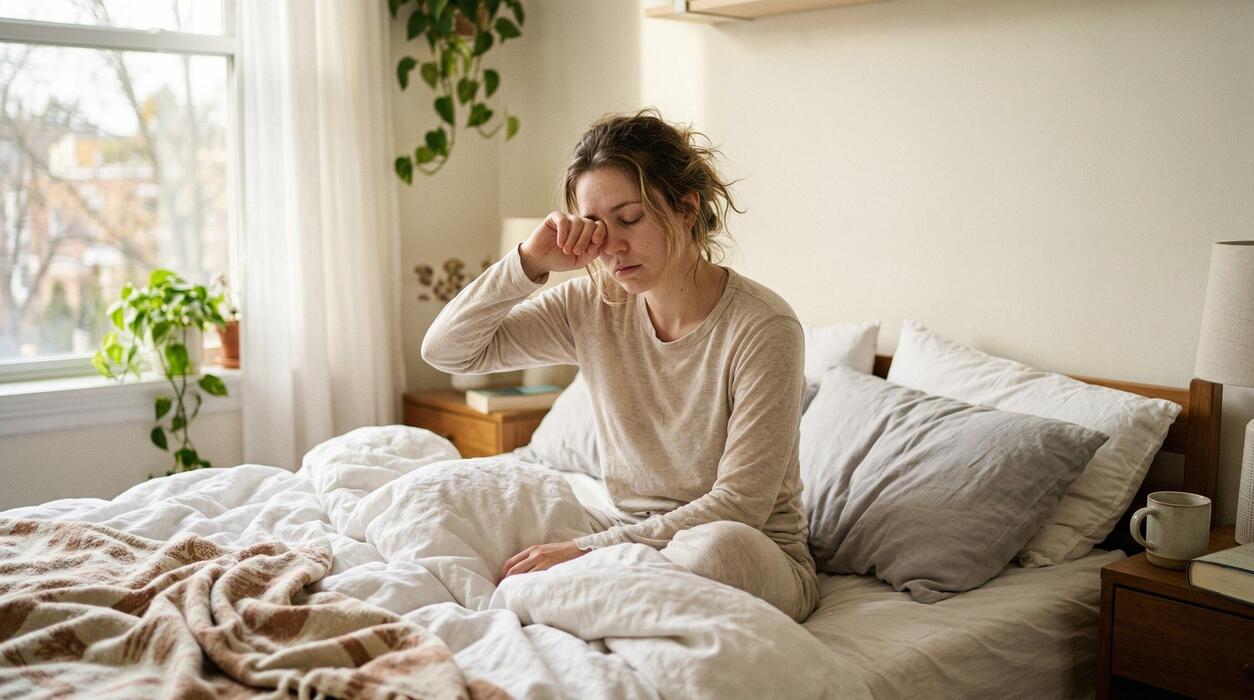 Home remedies to fall asleep quickly - Young woman with curly hair sitting on bed in cozy bedroom, wearing light pajamas, looking tired with hand on forehead, sunlight streaming through window