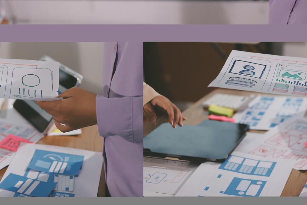 small business website design uk - Two images of a person holding a tablet and a laptop