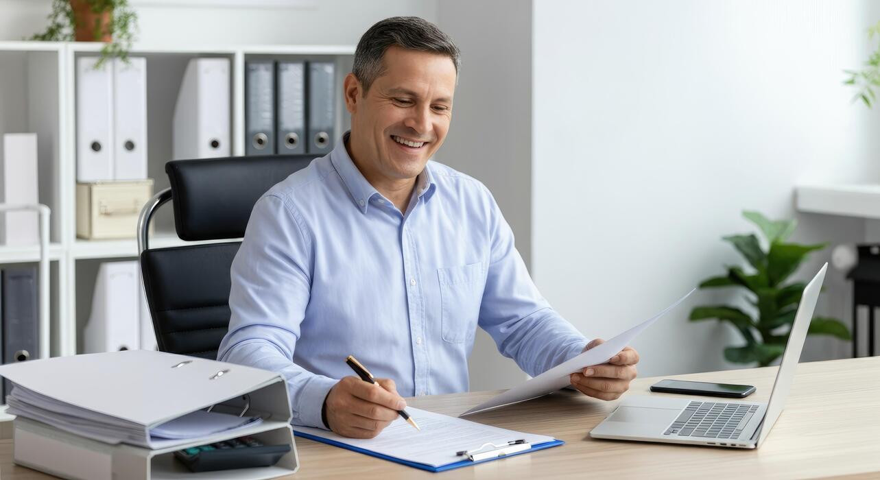 small business website design uk - Middle-aged man working at desk with documents and laptop, smiling