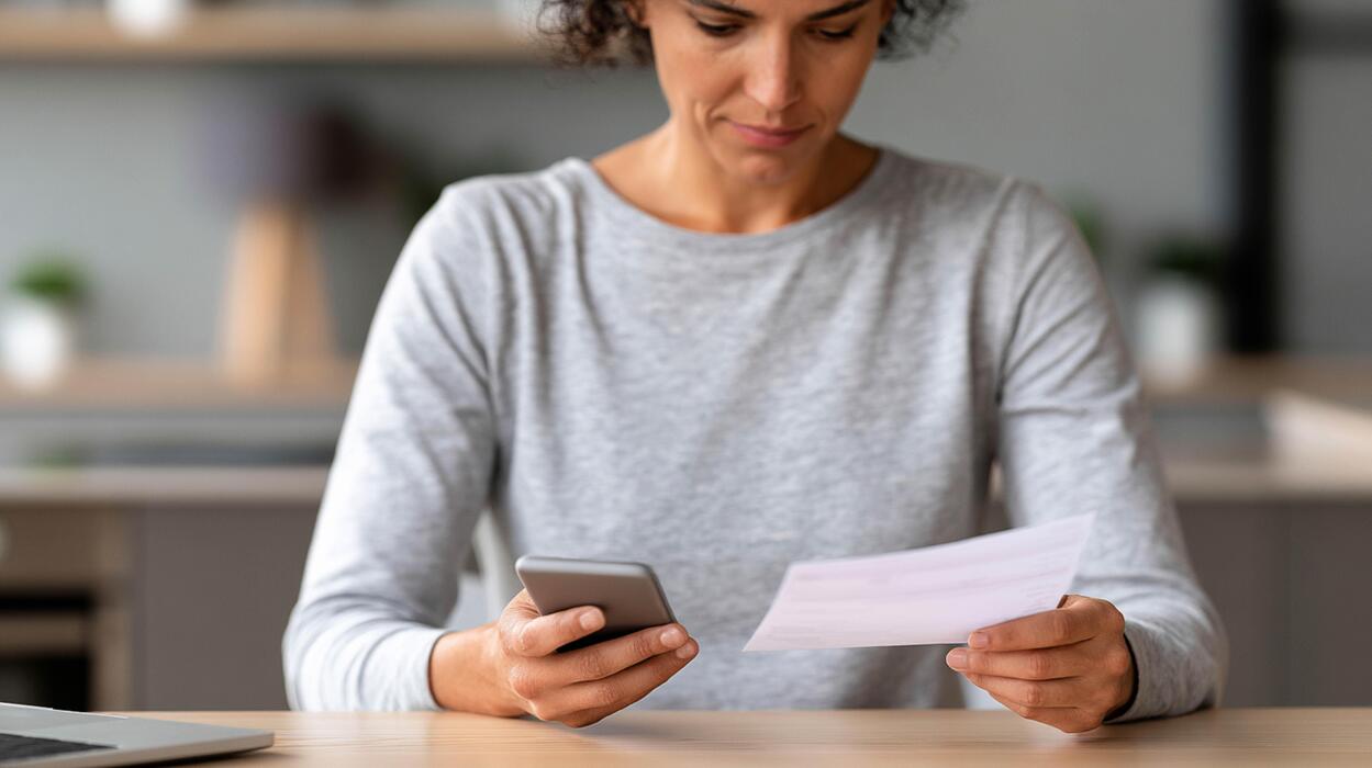 small business website design uk - Woman Sitting at Kitchen Table Paying Household Bills and Managing Personal Finances on Smartphone with Stressed Expression