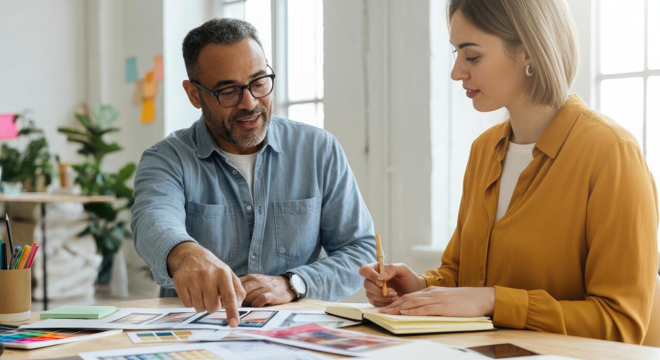 how much does a small business website cost uk - Middle-aged man and young woman discuss design concepts at work