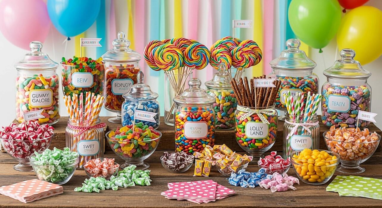 How much is it to hire a sweet cart? - A table with many different types of candy