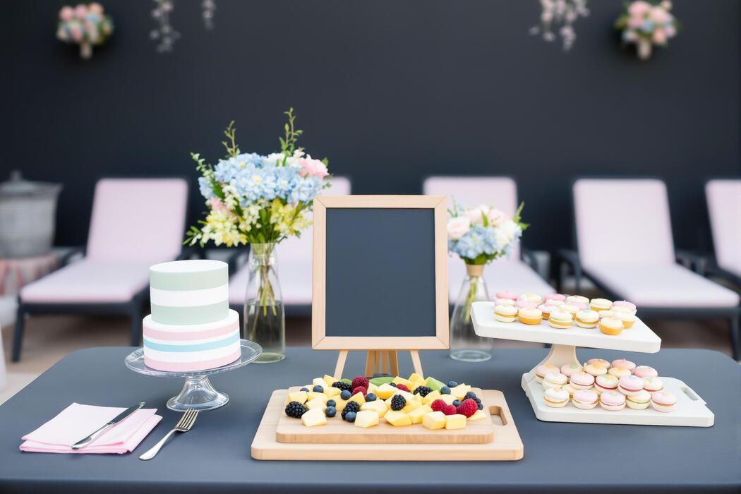 How much is it to hire a sweet cart? - A sophisticated catering spread featuring a colorful macaron tower, petit fours, and a blank chalkboard sign. This party setup includes a tiered cake and dainty flower arrangements for a celebratory e