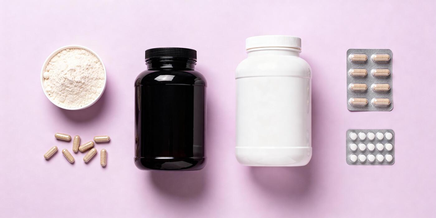 Glass Sweet Jar - Protein powder supplement capsules pills containers on pastel background