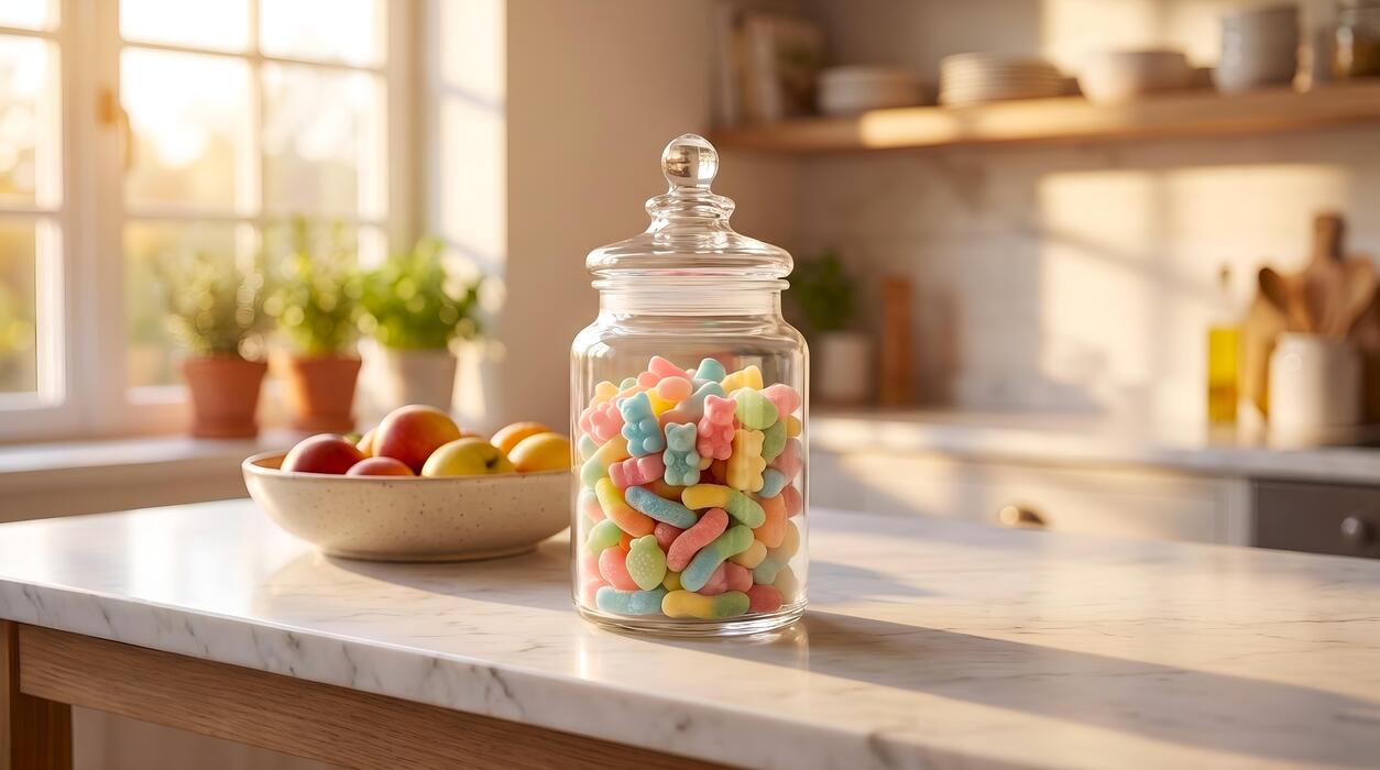 Glass Sweet Jar - Gummy Jar Filled with Colorful Sweet Treats on Kitchen Counter