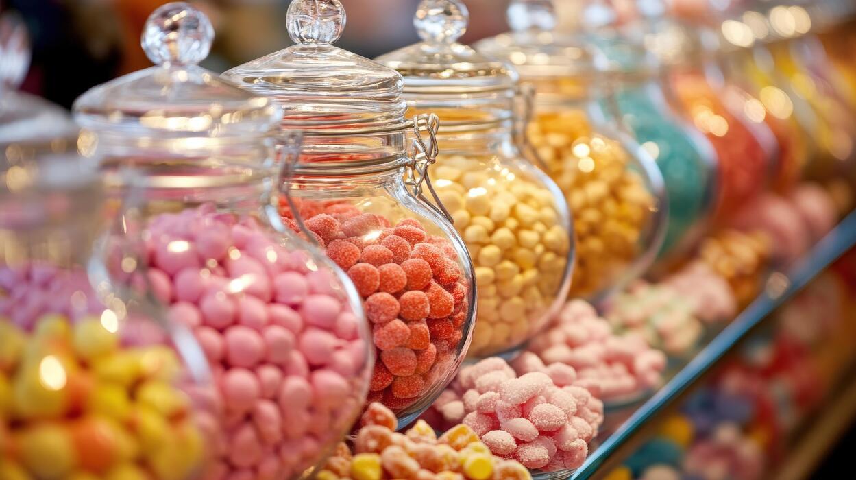 wedding sweet cart ideas - Colorful candies in glass jars on display.