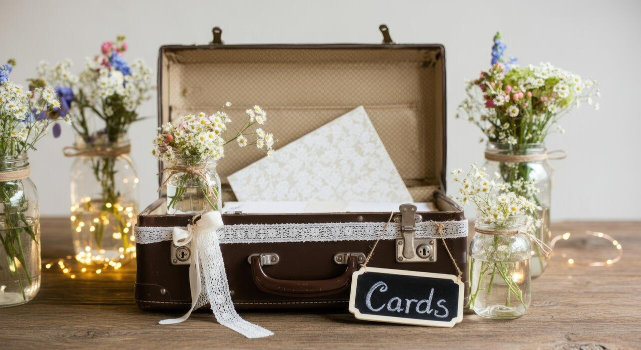 wedding sweet cart ideas - Vintage suitcase adorned with flowers and Cards sign for wedding