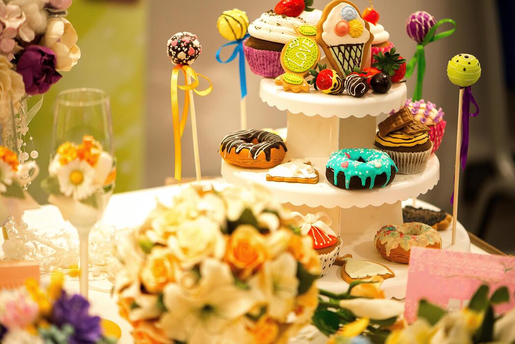 Sweet Cart for sale - Decorative Sweet Table With Cakes Donuts And Colorful Desserts