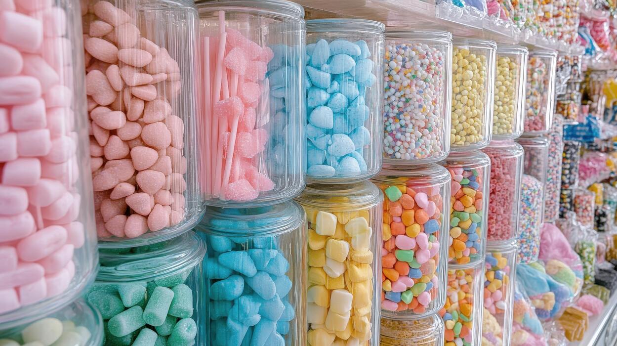 Sweet Cart for sale - Colorful candy jars display a vibrant array of treats.