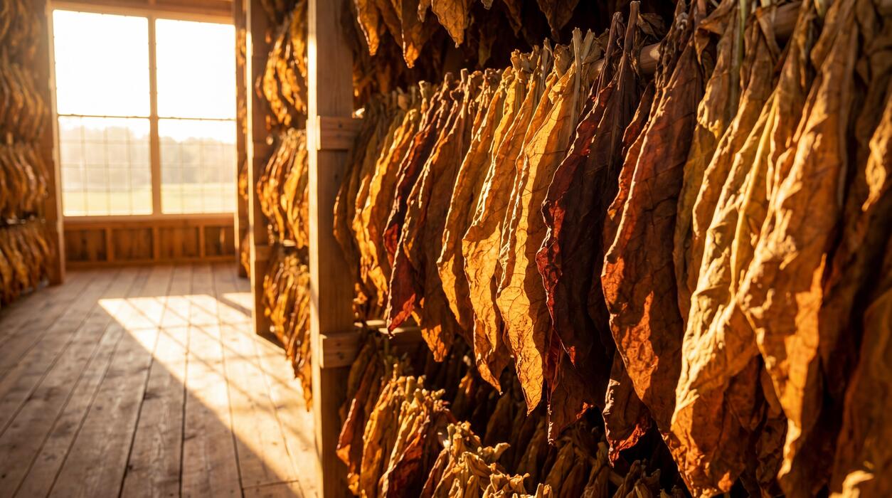 superkings cigarettes australia - Dried tobacco leaves hanging in a wooden barn with sunlight streaming through windows, showcasing the process of tobacco curing in a rural setting
