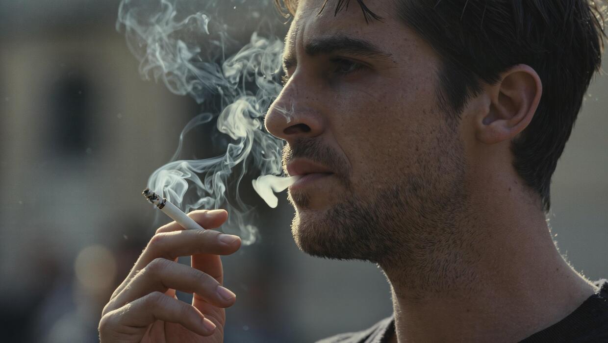 superkings cigarettes uk - Male smoker with dark hair holding a cigarette, exhaling smoke in an outdoor urban setting, blurred figures and buildings visible in the background