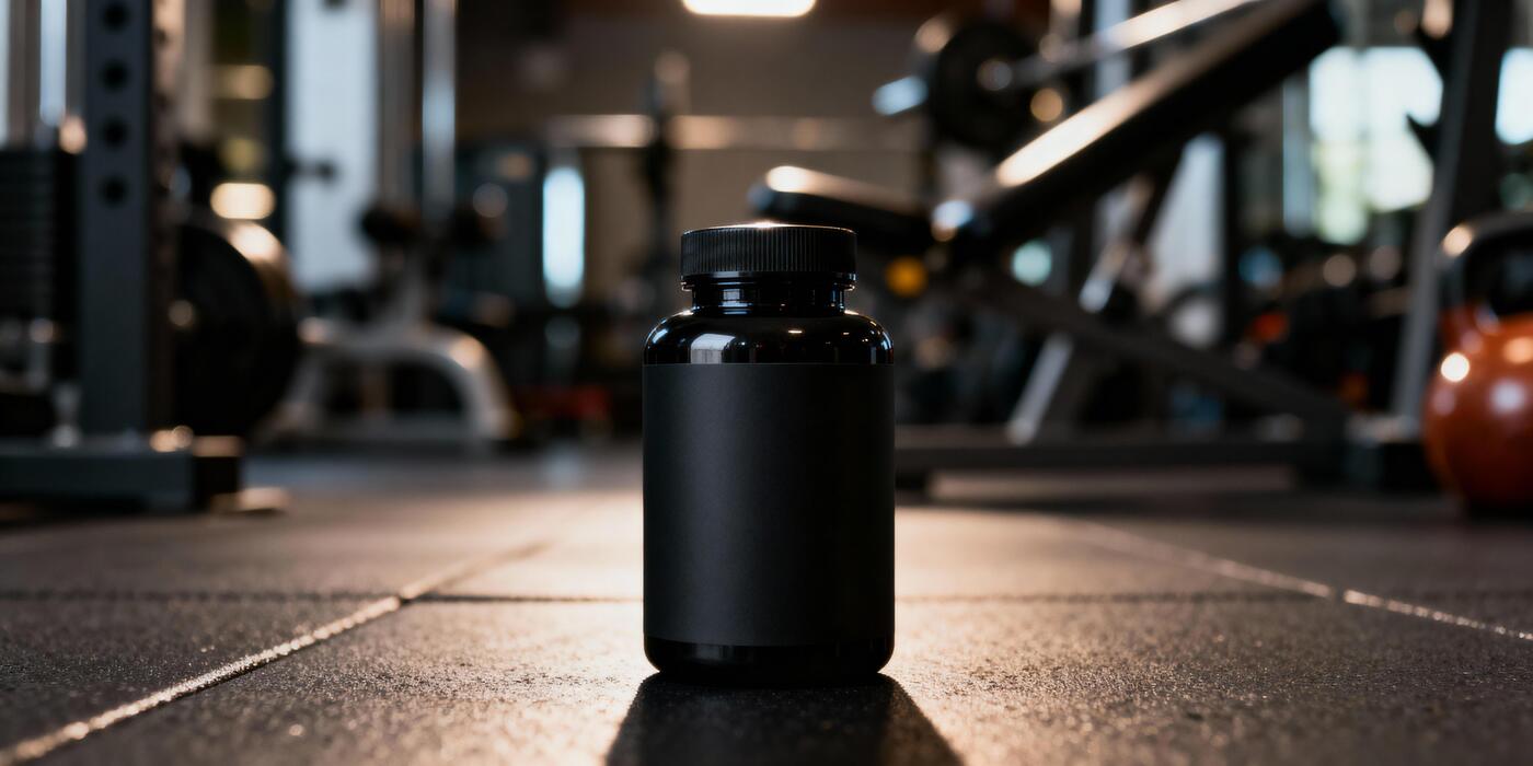 Are peptides steroids? - Black supplement bottle placed on gym floor with blurred fitness equipment in background
