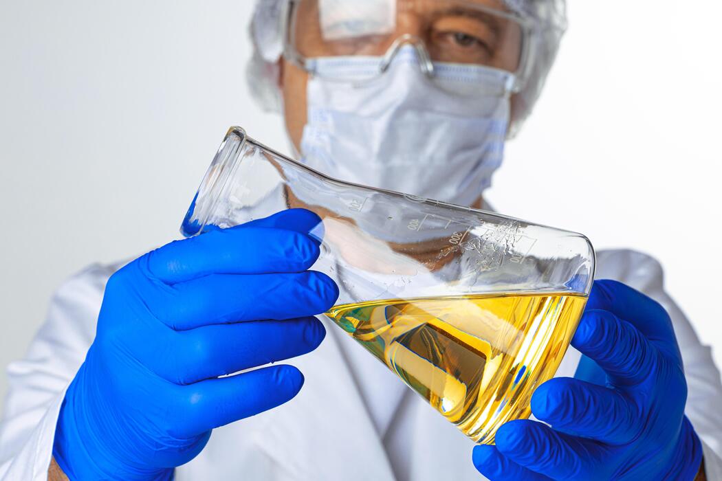 Are peptides steroids? - A man in a lab coat holding up a glass of liquid