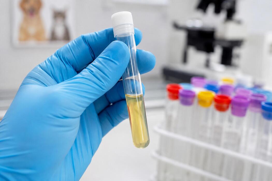 What is the best research peptide company? - Veterinarian holding test tube with animal urine sample in clinic. Diagnostic analysis of pet health. Laboratory equipment for veterinary medicine, biology research and clinical testing.