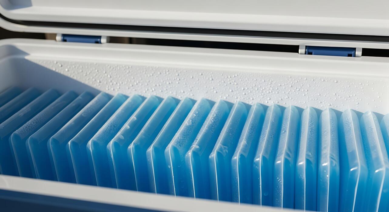 Research peptides UK - Close Up of Refrigerator Ice Maker with Blue Ice Cubes in Modern Kitchen